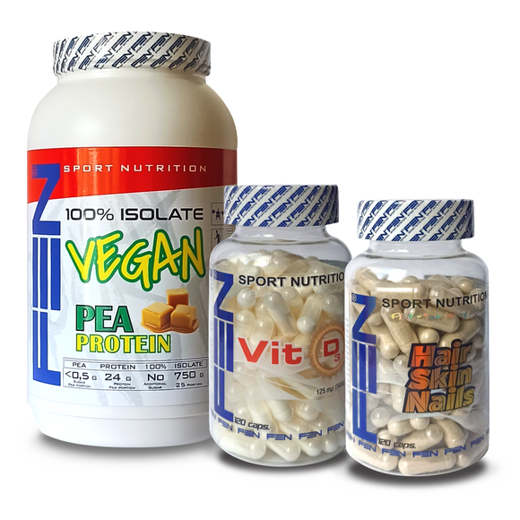 FEN Veganer Protein 750 g + FEN Vit D 5000 UI + FEN Haare, Nägel, Haut Gesamt: 3 PCs (Nahrungsergänzungsmittel für Wellness)